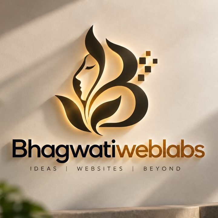 The Bhagwati Weblabs sign, backlit on a warm plaster wall